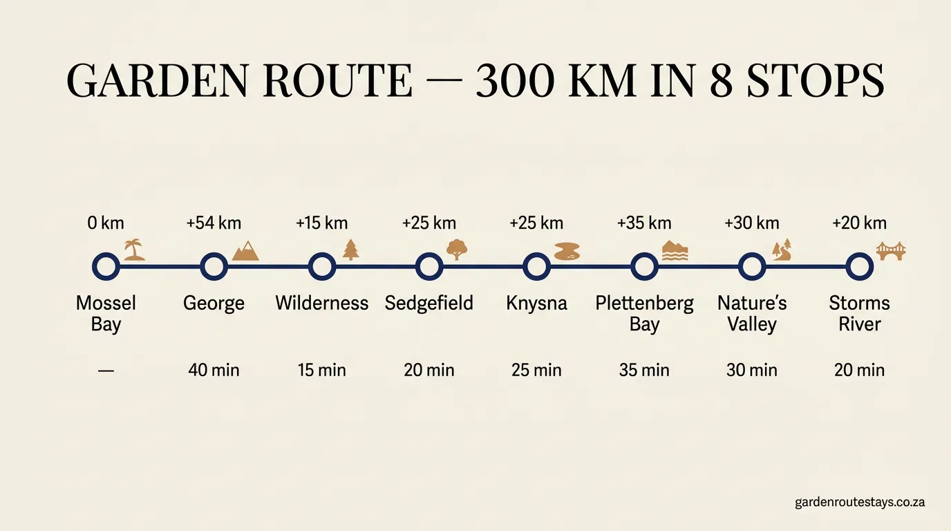 Garden Route distance timeline from Mossel Bay to Storms River, 8 stops with kilometres and drive times