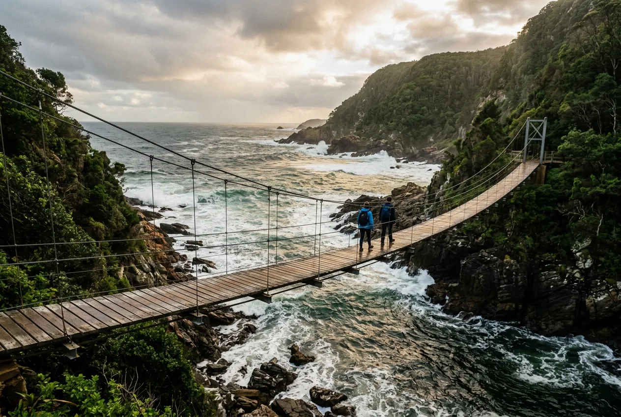 Storms River Mouth suspension bridge in Tsitsikamma National Park — the Garden Route's eastern bookend