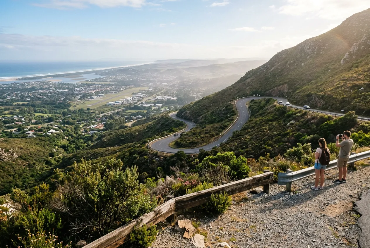 Outeniqua Pass winding up the mountain above George with the town and coast below