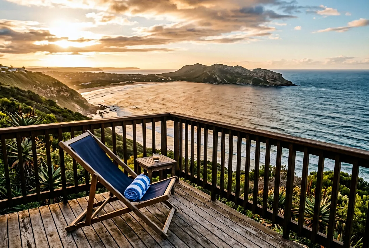 Hillside villa wooden deck at Beachy Head overlooking Robberg Peninsula, Plettenberg Bay