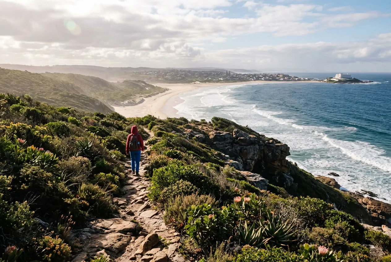 View from the Robberg Nature Reserve hiking trail back along Robberg Beach toward Beacon Island