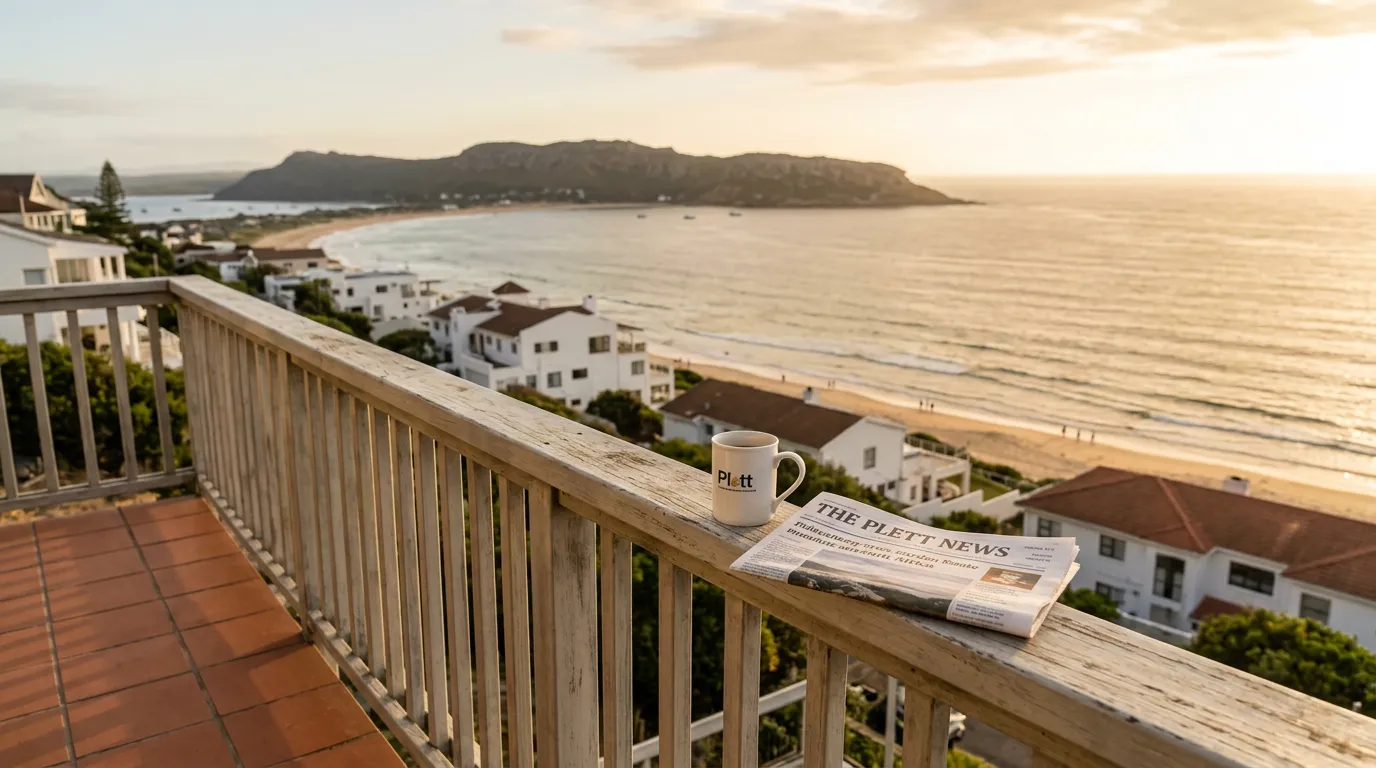 Self-catering apartment balcony view with Robberg peninsula and Indian Ocean, Plettenberg Bay South Africa