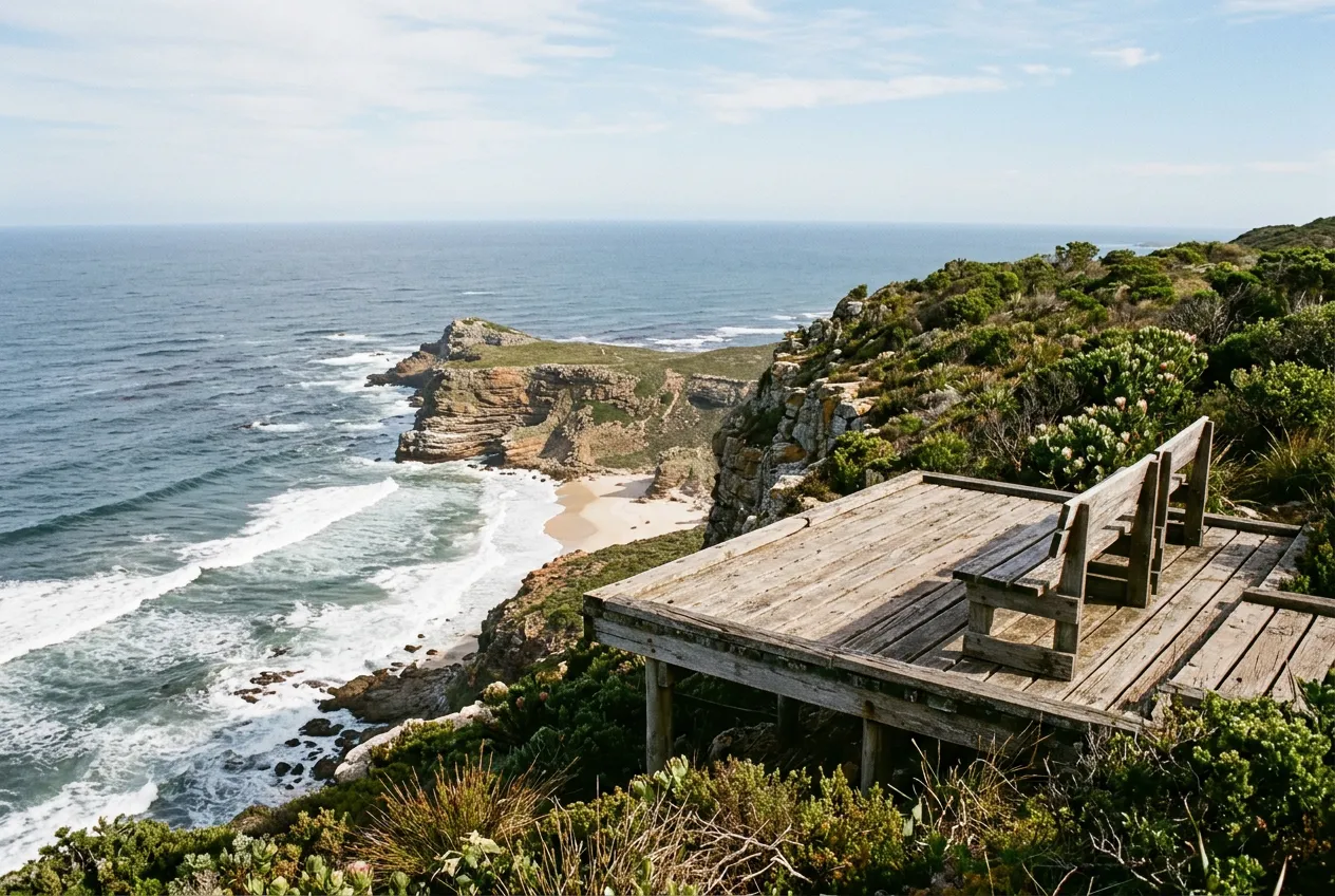 Brenton-on-Sea clifftop view from Fisherman's Walk — wooden viewing deck above sandstone cliffs and Indian Ocean