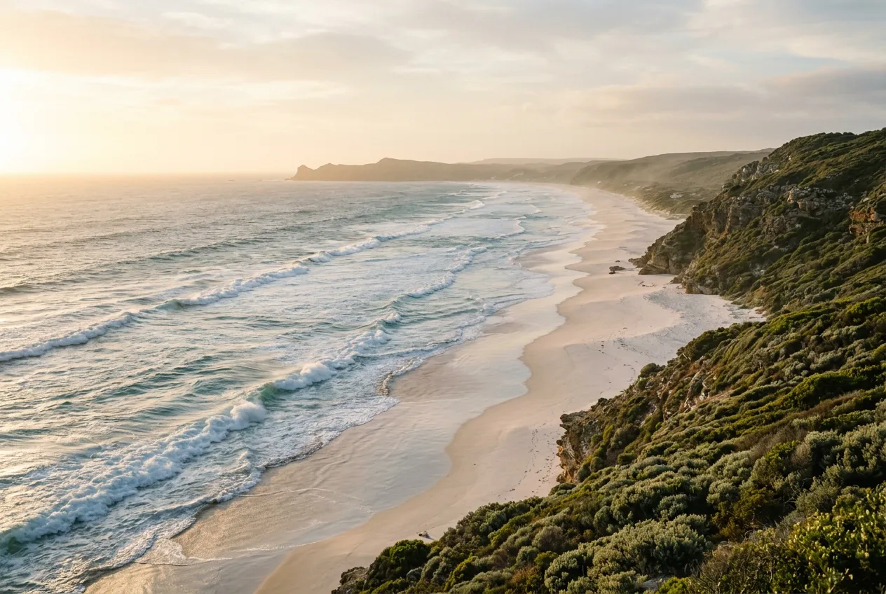 Brenton-on-Sea — long sandy Indian Ocean beach, cliffs in the distance, golden hour light