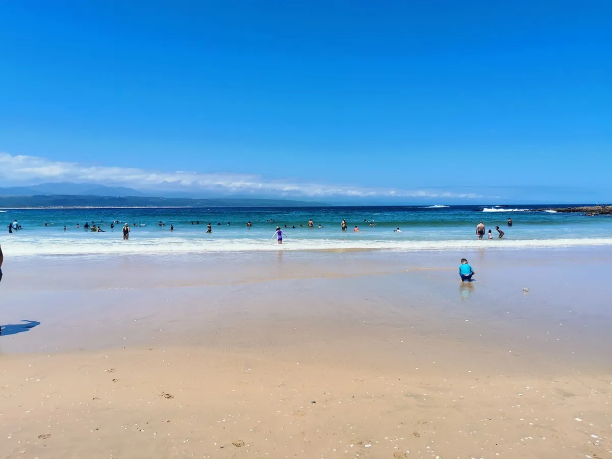 Central Beach Plettenberg Bay in summer with swimmers in the water, wide sandy beach, mountains across the bay