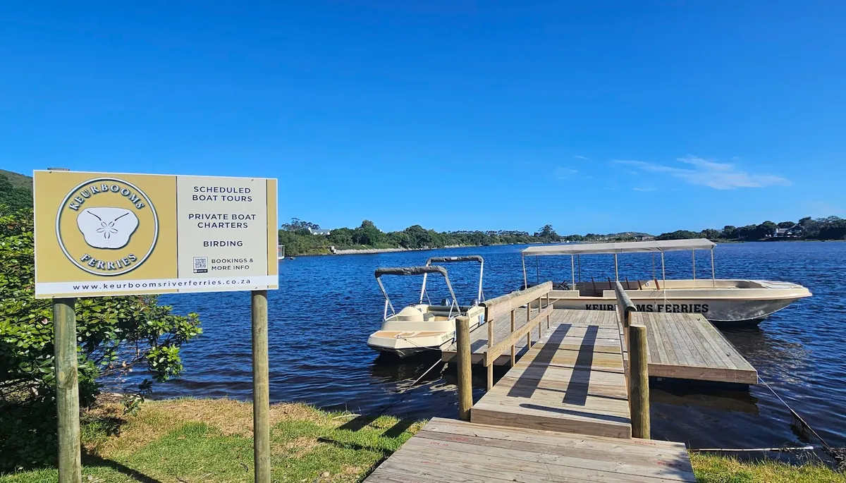 Keurbooms River Ferries signage and dock on the estuary, just off the N2, Plettenberg Bay