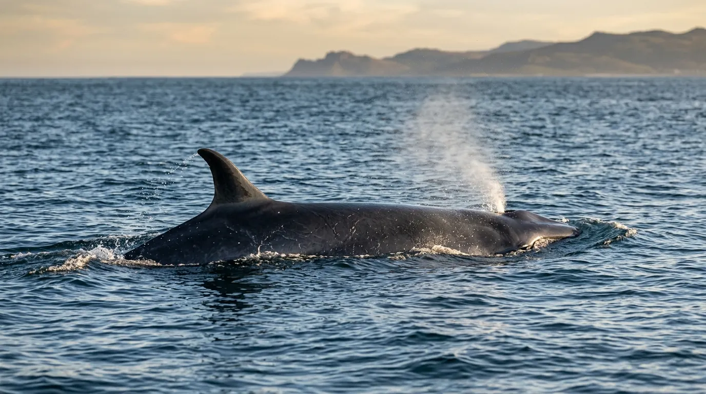 Bryde's whale surfacing in open ocean, showing falcate dorsal fin and blow, South African coastline in the hazy distance