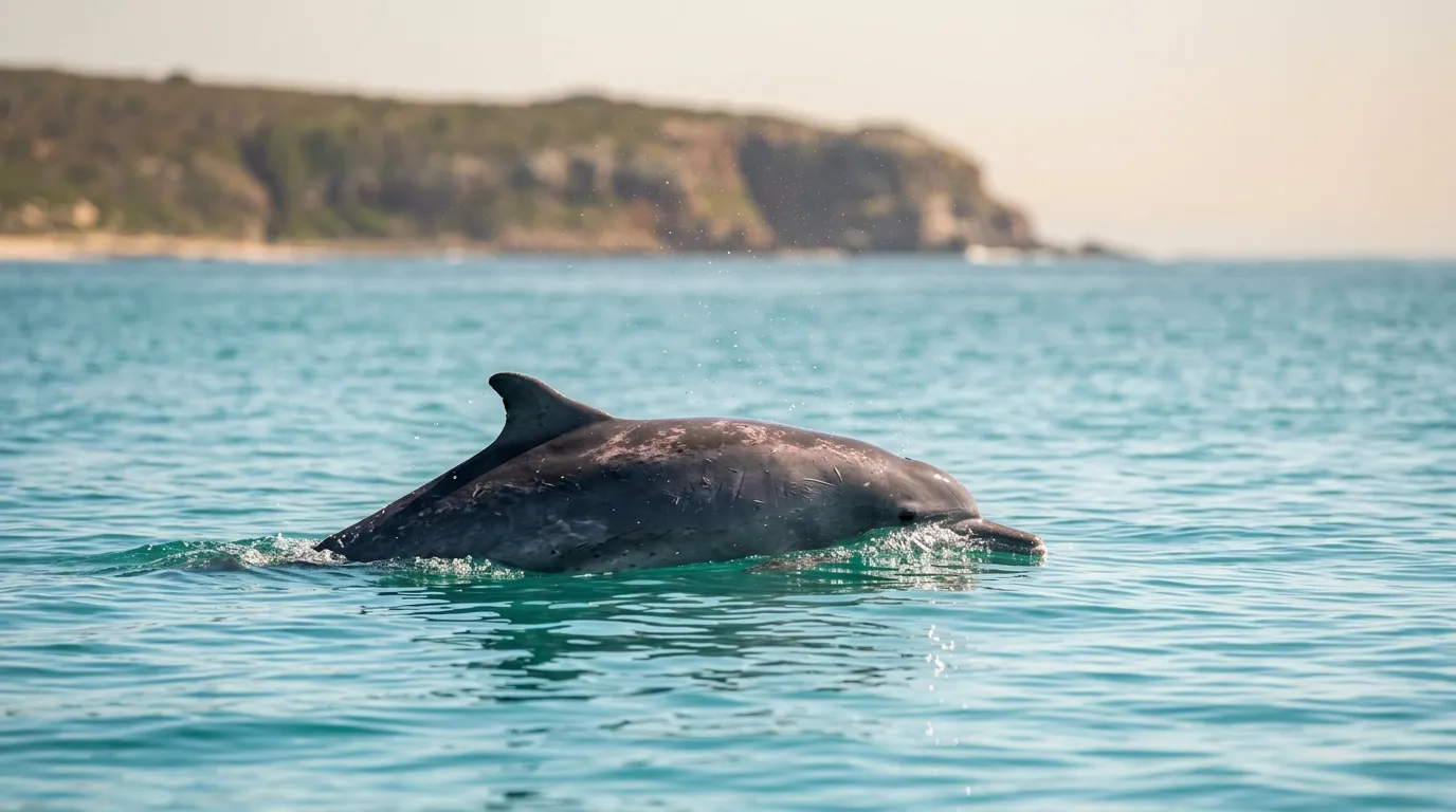 Indian Ocean humpback dolphin surfacing near a South African coastal headland in calm turquoise water