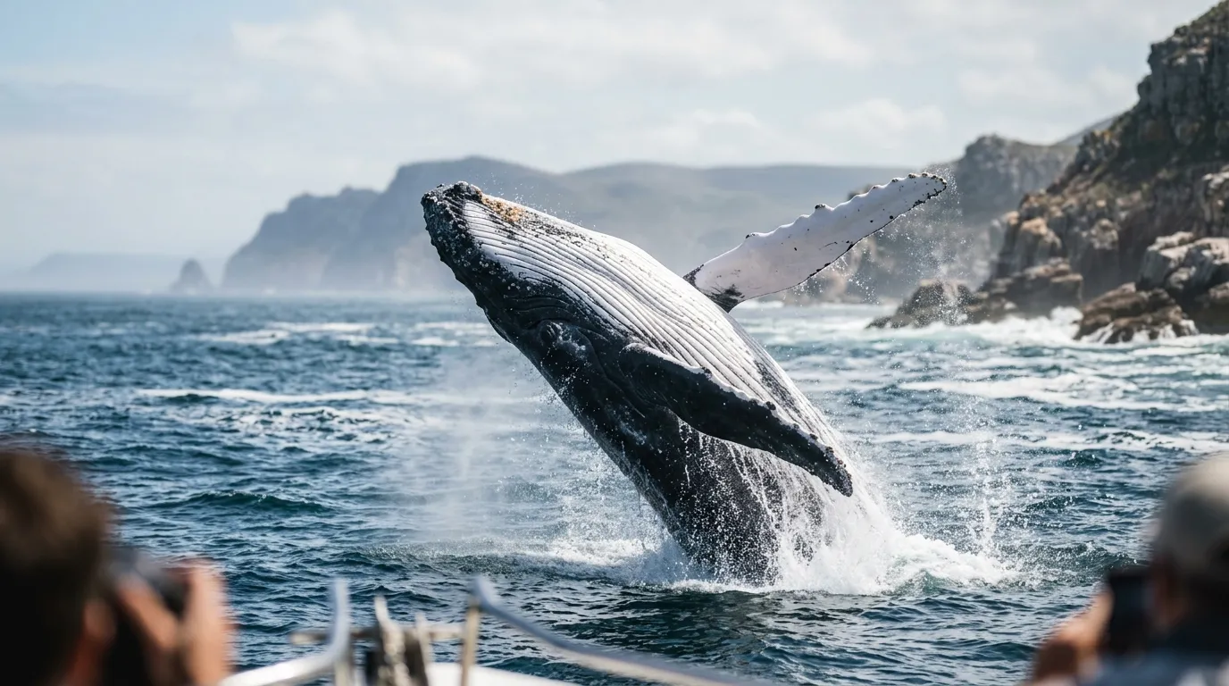 Humpback whale breaching out of the ocean along a rocky South African coastline, long white pectoral fins extended