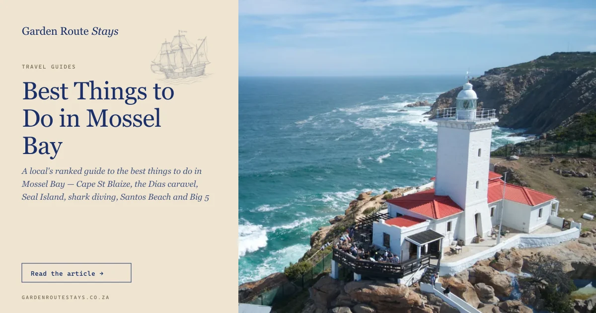 Cape St Blaize Lighthouse — the white tower with its red roof on the rocky headland above the Indian Ocean at Mossel Bay