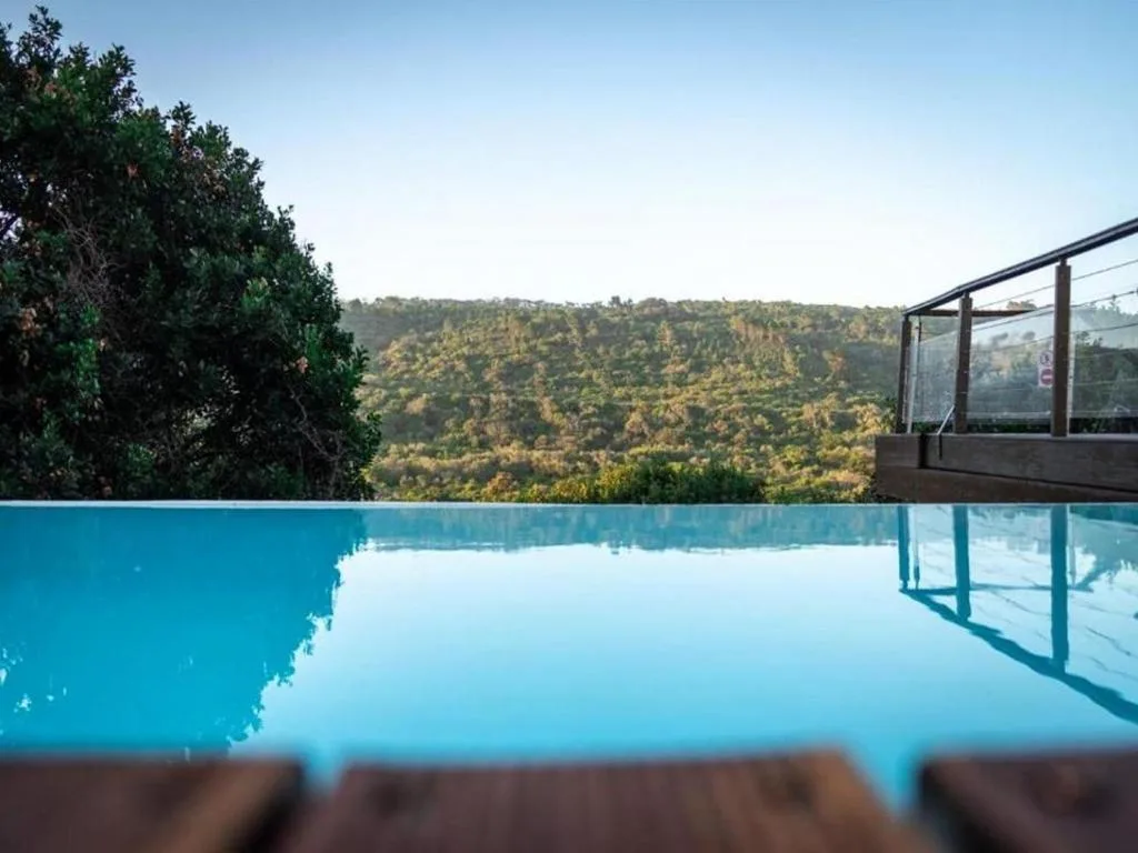 Infinity pool overlooks forested hills and mountain landscape beyond