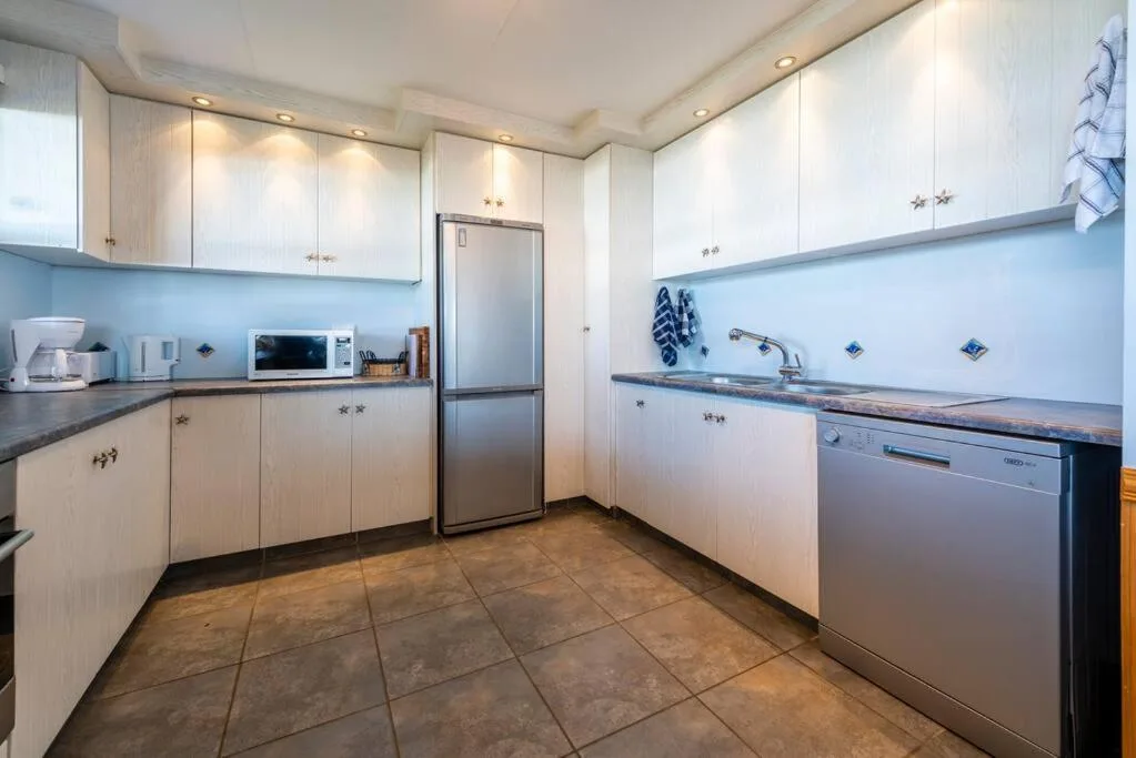Modern kitchen with white cabinetry, stainless steel appliances, and blue backsplash