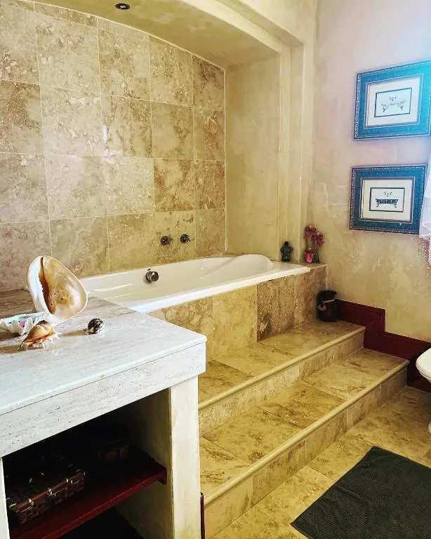 Luxurious bathroom with marble-tiled sunken bathtub and vanity