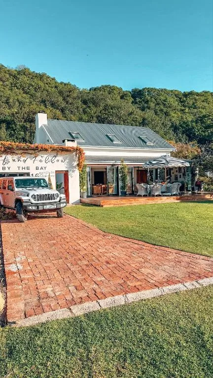 White Cape Dutch cottage with metal roof and brick driveway, surrounded by green trees