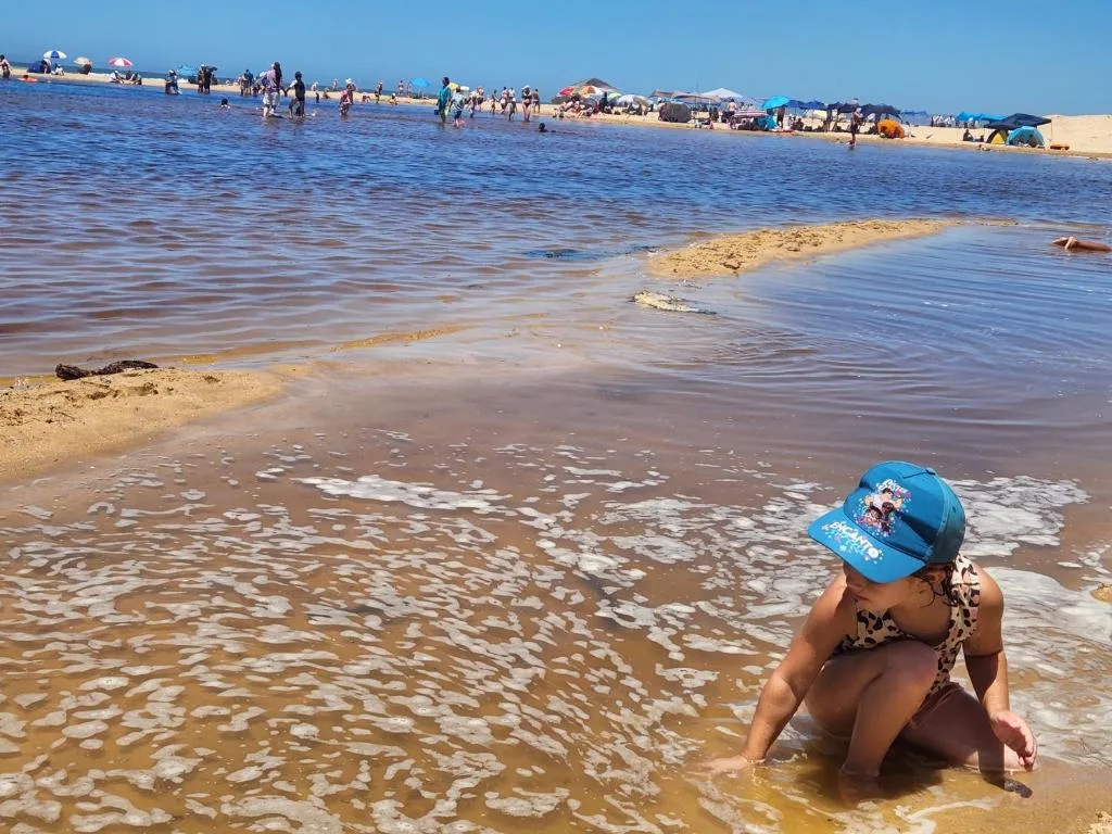 Beautiful beach scene with calm ocean waters and sandy shoreline populated with swimmers