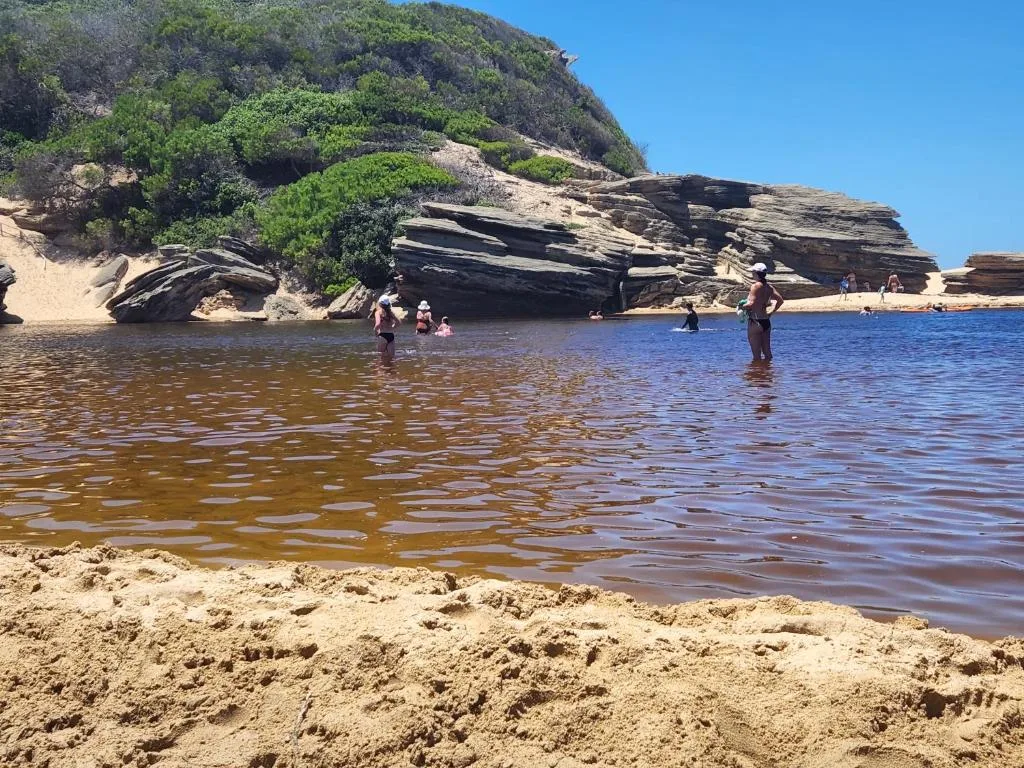 Sandy beach cove with rocky cliffs and swimmers in turquoise water