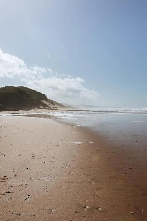 Scenic beach with sandy shore, dunes, and ocean waves under blue sky