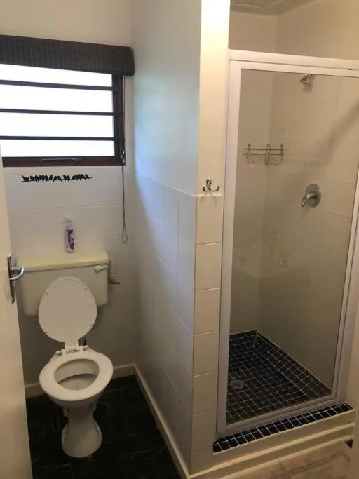 Modern bathroom with toilet, vanity, and walk-in shower enclosure