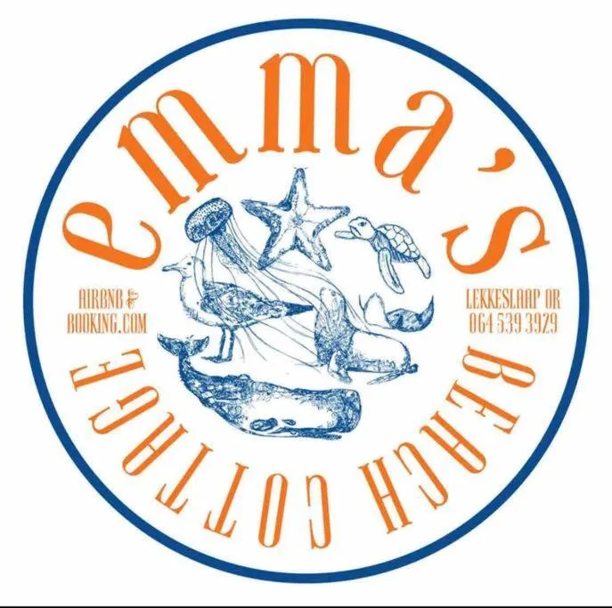 Emma's Beach Cottage logo featuring coastal creatures and contact information