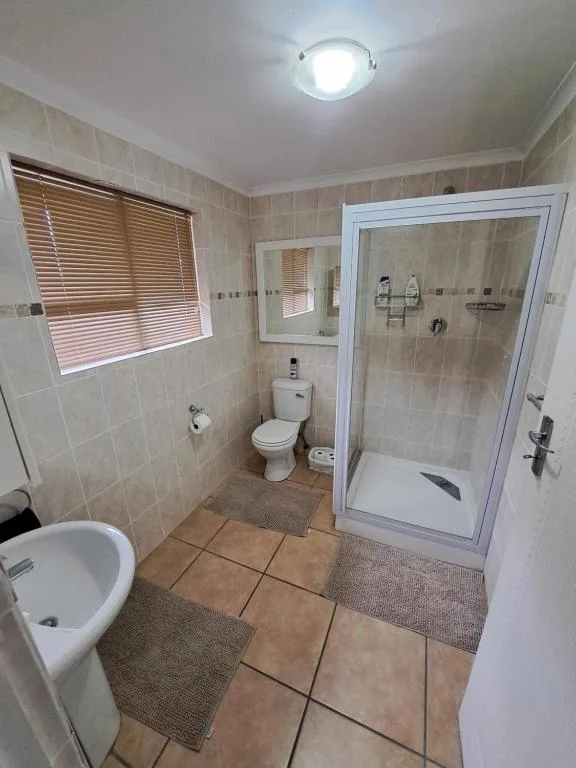Clean bathroom with shower enclosure, toilet, sink and window