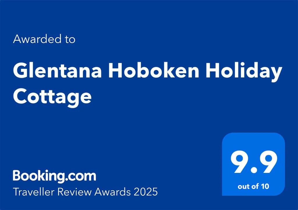 Booking.com award certificate for Glentana Hoboken Holiday Cottage with 9.9 rating