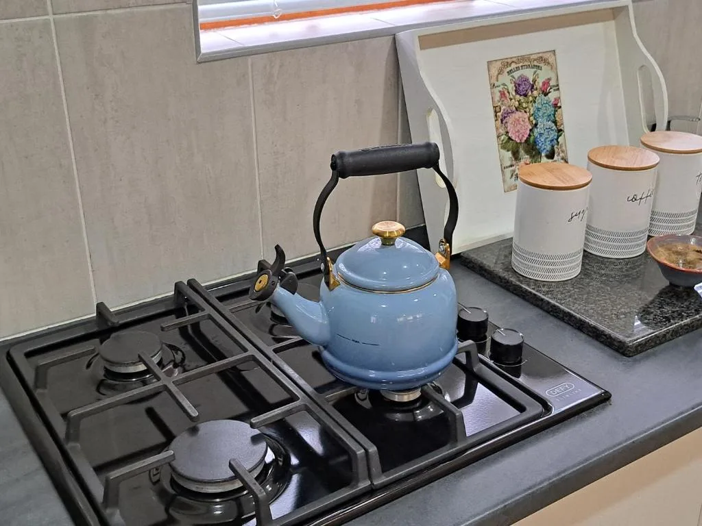 Modern gas stove with blue kettle and storage containers on counter