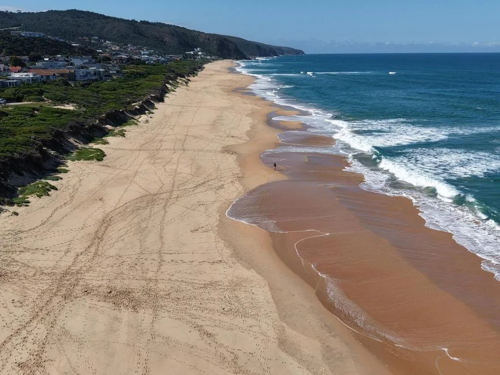 Pristine sandy beach stretching along turquoise ocean with rolling waves