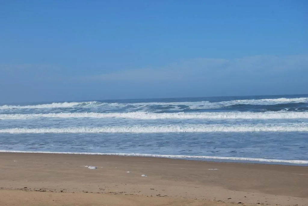 Scenic ocean beach with rolling waves and clear blue sky