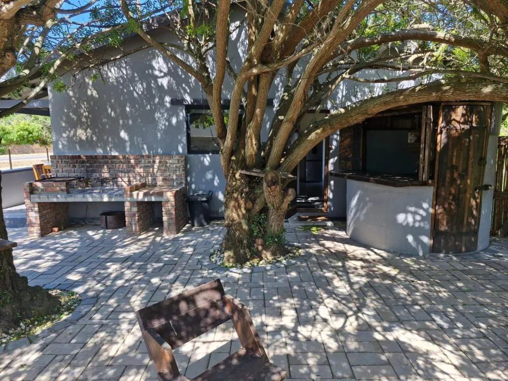 Shaded patio with brick braai, mature trees, and outdoor seating area