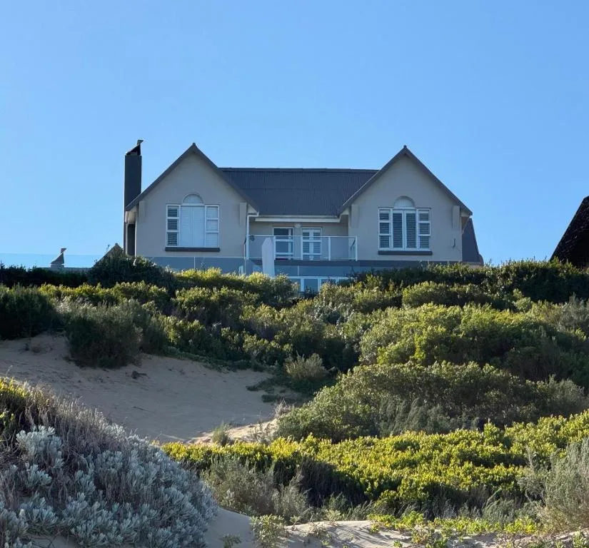 Modern beachfront house with pale exterior and dark roof, surrounded by native coastal vegetation