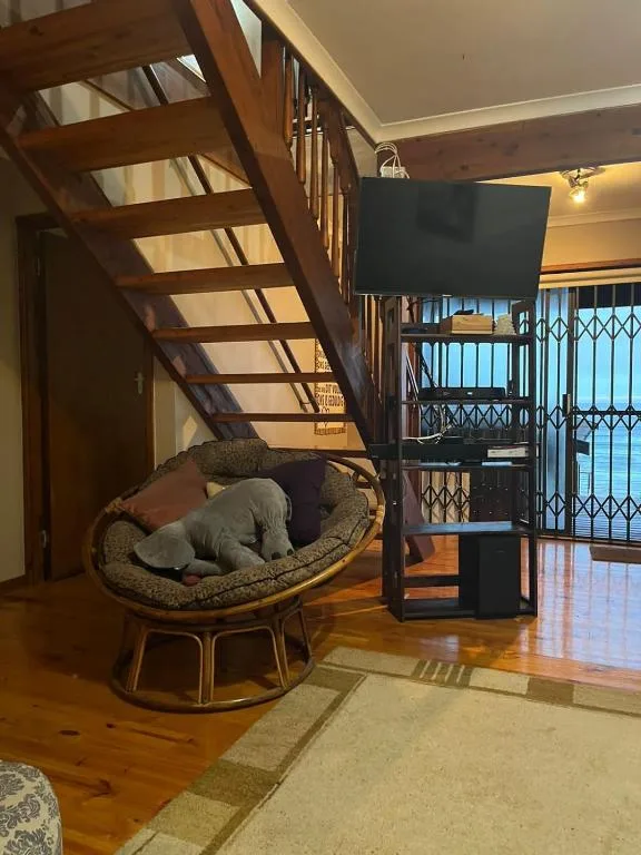 Modern living room with comfortable papasan chair and flat-screen TV