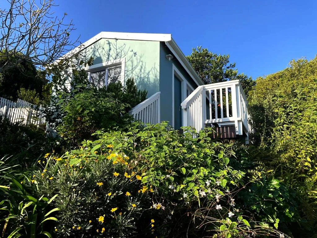 Modern cottage with blue walls and white railings surrounded by lush garden