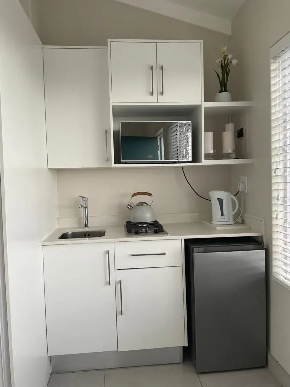 Compact white kitchen with stove, kettle, microwave, and dishwasher