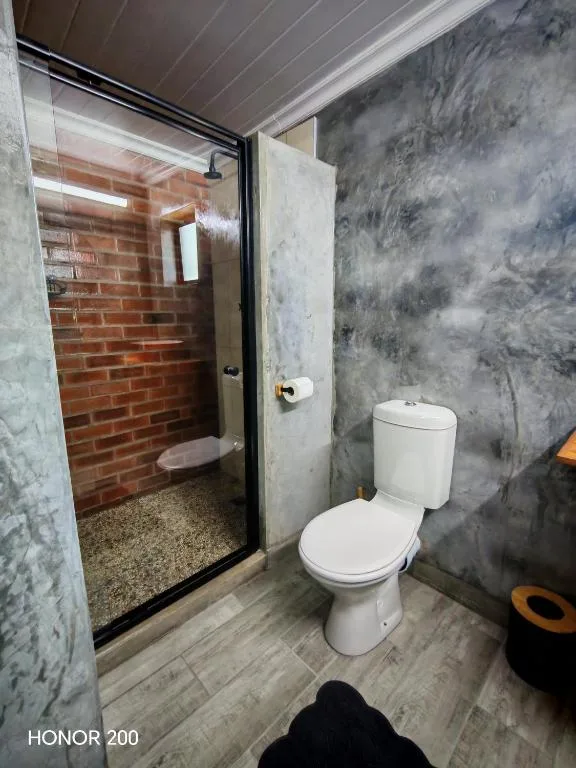 Modern bathroom with walk-in shower and white toilet fixture