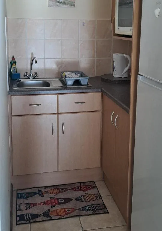 Compact kitchenette with wooden cabinetry, sink, and dark countertops