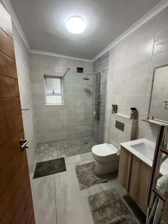 Modern bathroom with walk-in shower, toilet, and vanity sink