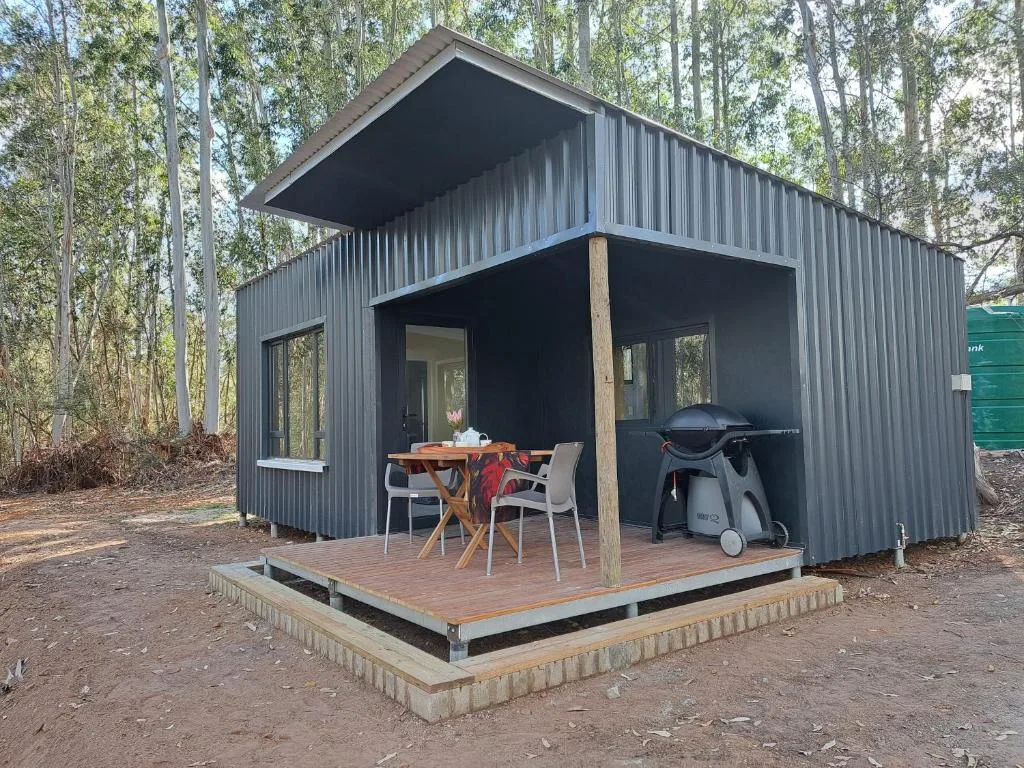 Modern dark metal cabin with wooden deck surrounded by forest trees