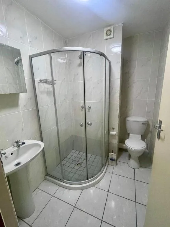 Bathroom with curved shower enclosure, sink, and toilet
