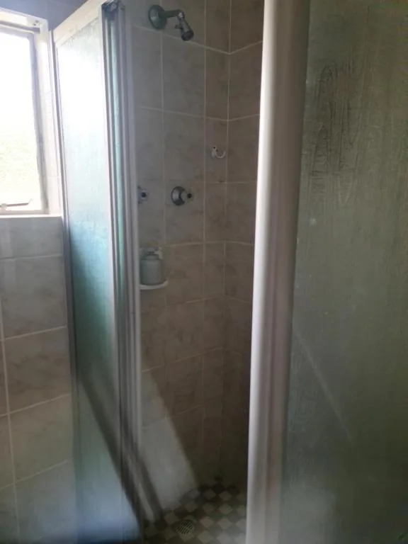 Compact shower enclosure with glass door and tiled walls, natural light
