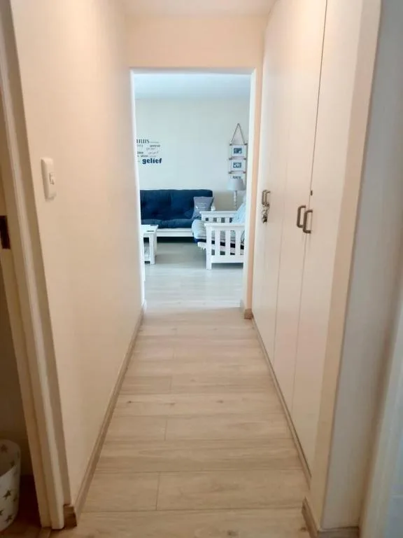 Light hallway with wooden flooring leading to modern lounge area