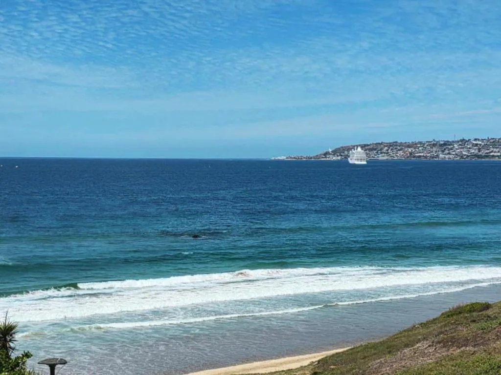 Scenic ocean view with beach, coastal town, and cruise ship on horizon