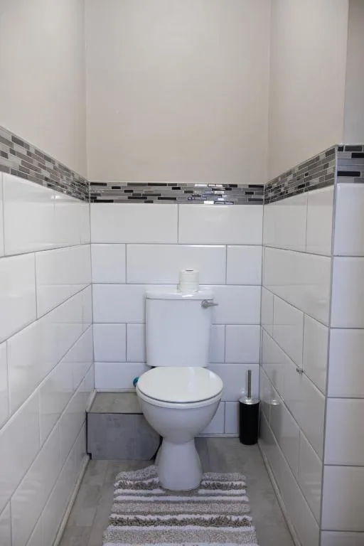 Modern white toilet with gray tile accents and decorative brush holder