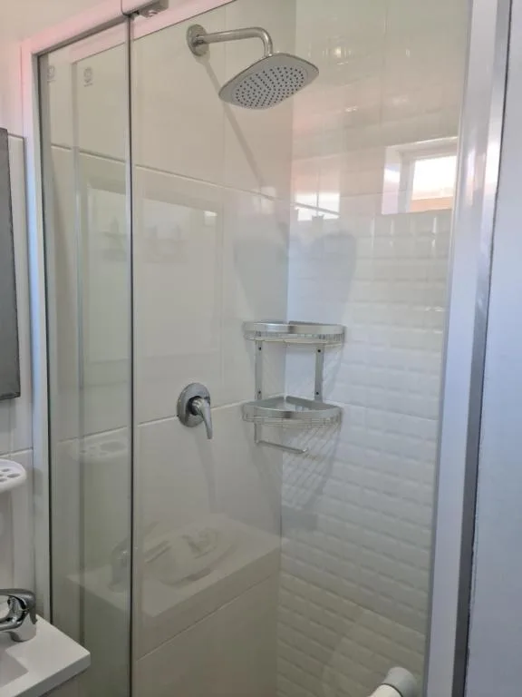 Modern shower enclosure with rainfall showerhead and built-in storage shelves