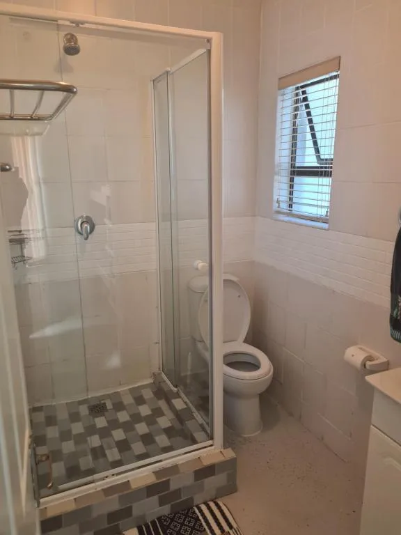 Clean bathroom with walk-in shower enclosure and toilet