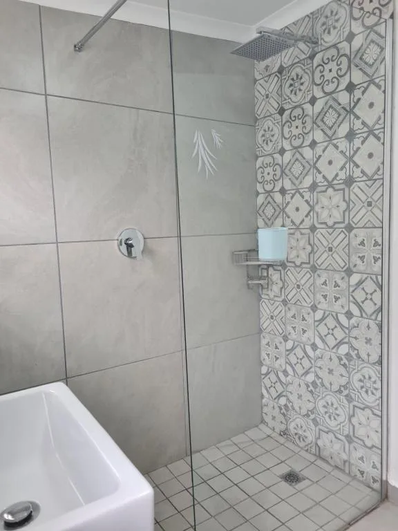 Modern shower enclosure with decorative tile wall and glass partition