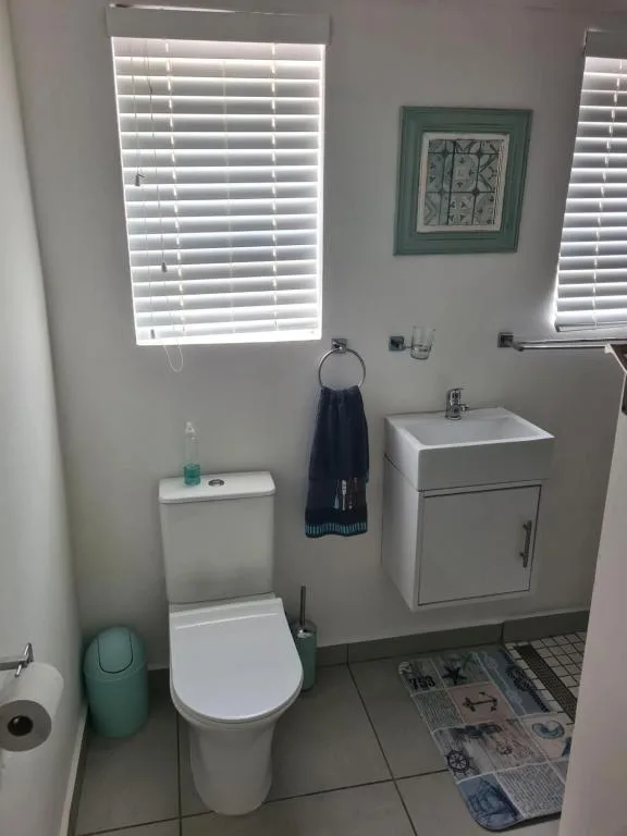 Compact bathroom with toilet, vanity sink, and window shutters