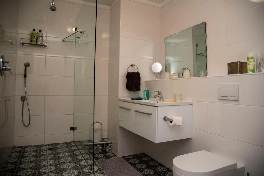 Modern bathroom with walk-in shower, white vanity, and patterned floor tiles
