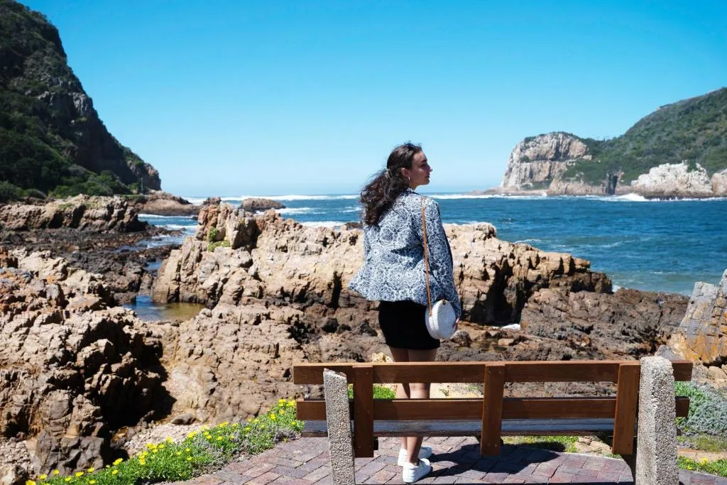 Scenic coastal view with rocky cliffs, blue ocean, and mountain backdrop