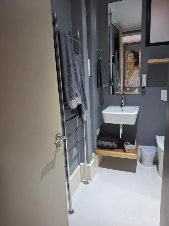Modern bathroom with heated towel rail, white sink, and dark gray walls
