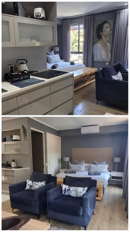 Modern studio apartment layout showing kitchen, bedroom, and lounge areas combined